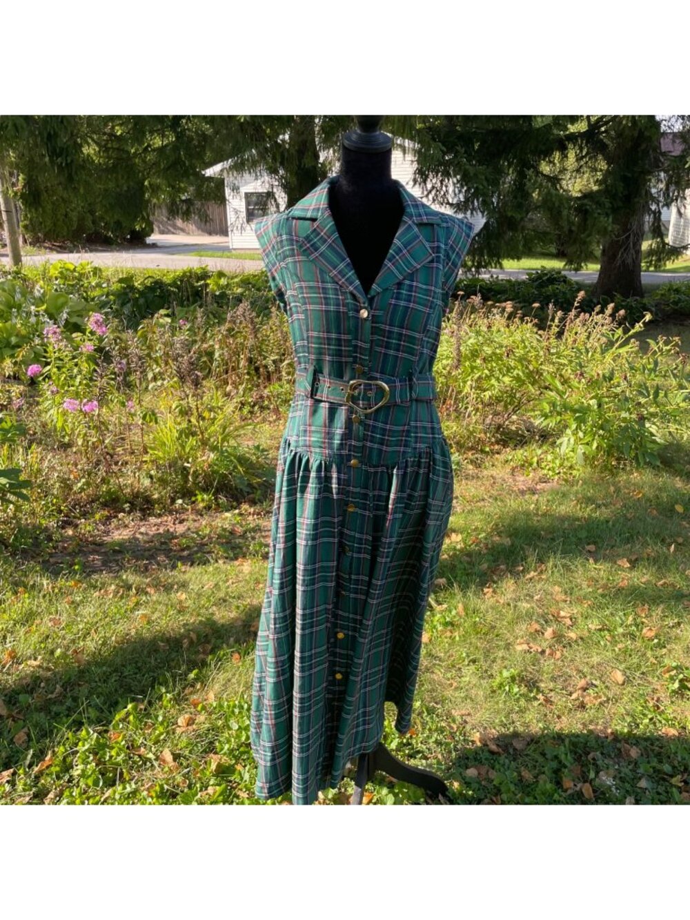 NWT Urban Daizy Maxi Dress Drop Waist Belt Green Red Plaid Sleeveless S Holiday
